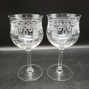 Morgantown Etched Set of 2 Handblown Etched crystal Wine or Water Glasses Vtg